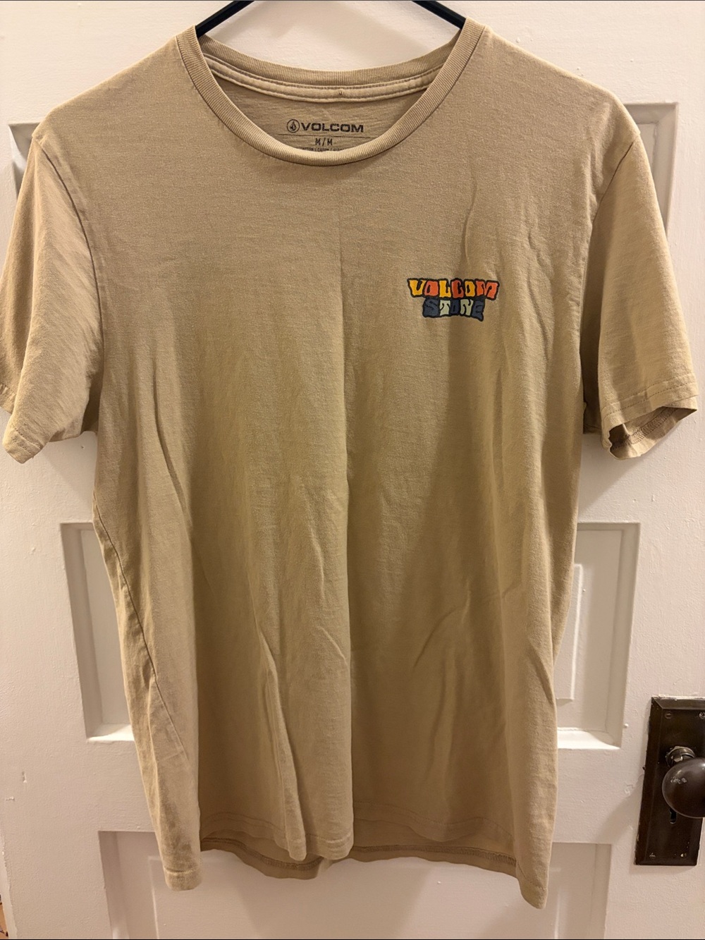 Volcom Tan Short Sleeve Tee with Small Multicolor Chest Graphic